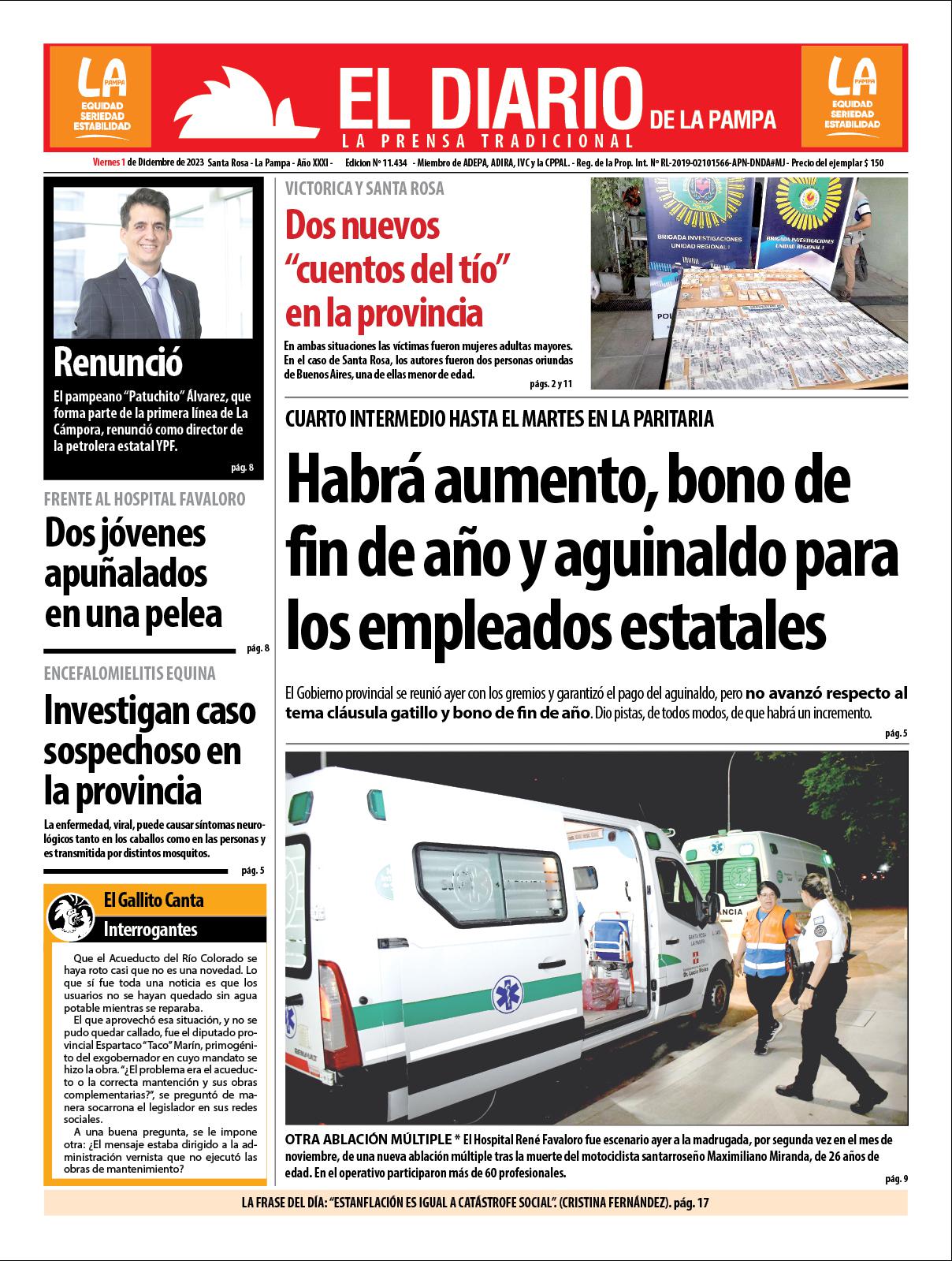 Tapa de El Diario en papel  viernes 01 de diciembre de 2023